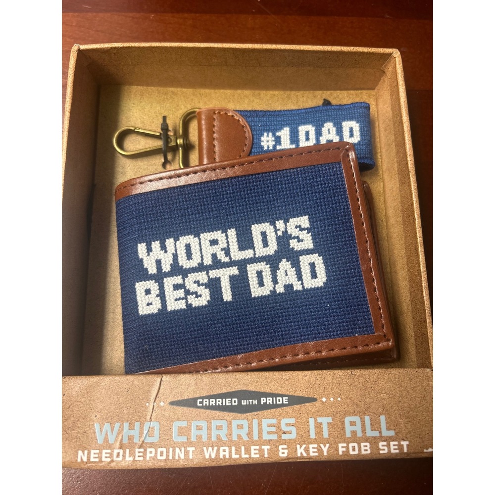 The Kraftsman Co Worlds Best Dad Needlepoint Wallet and Key Fob Set Navy Brown